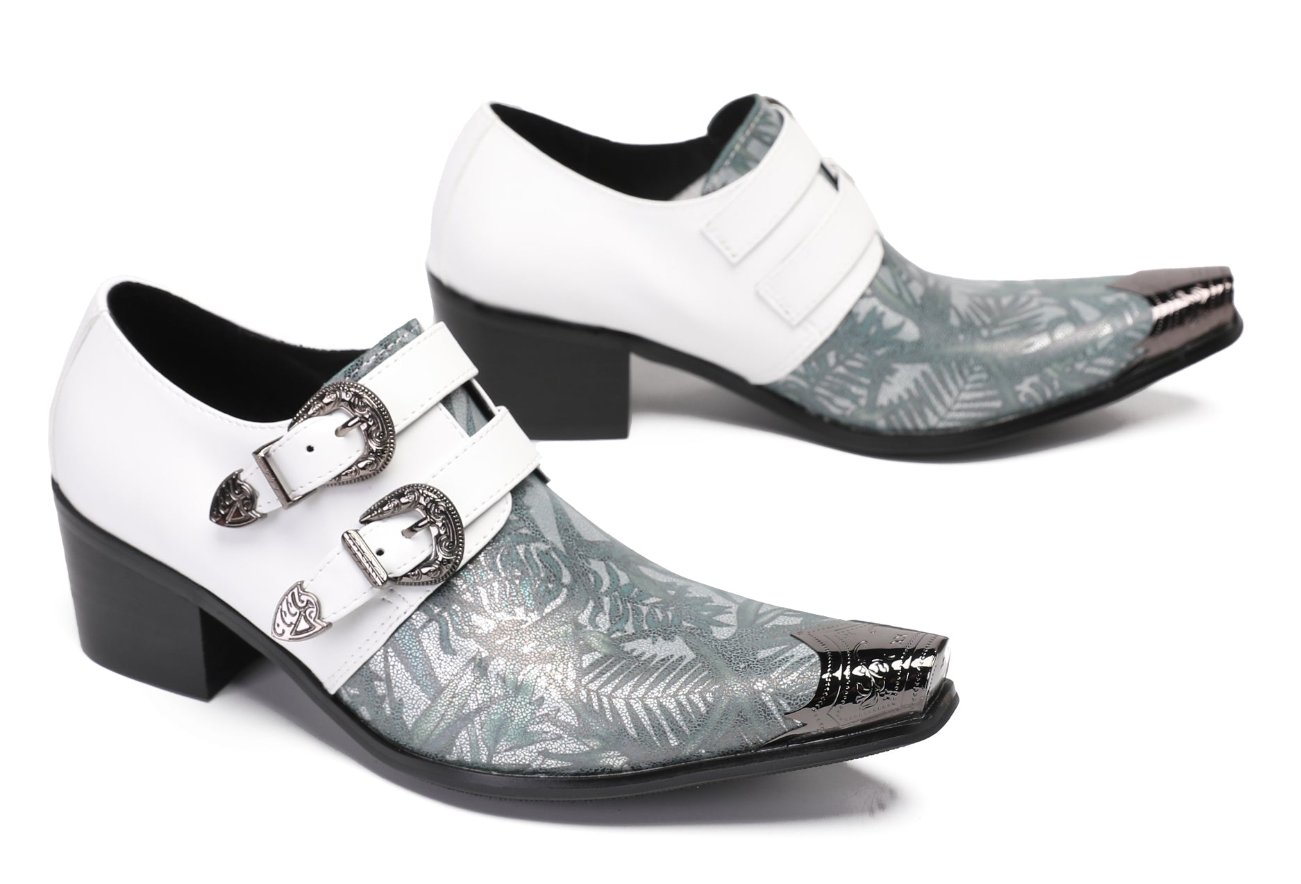 Mens White Dress Double Buckle Western Loafers