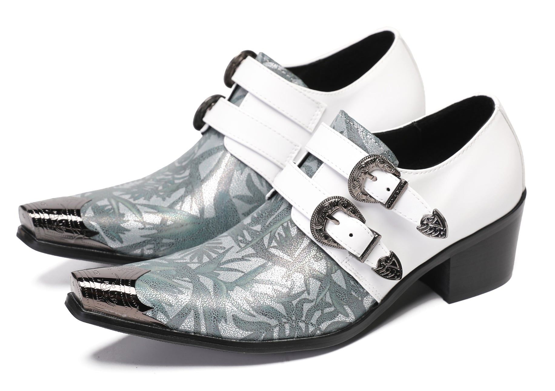Mens White Dress Double Buckle Western Loafers
