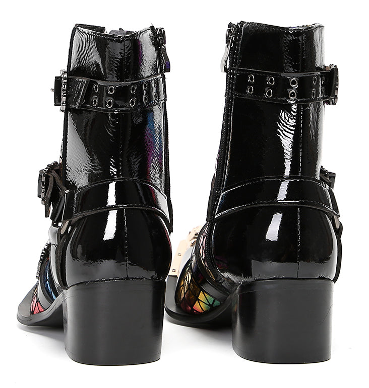 Mens Casual Western Boots Skull Buckle Color Plaid