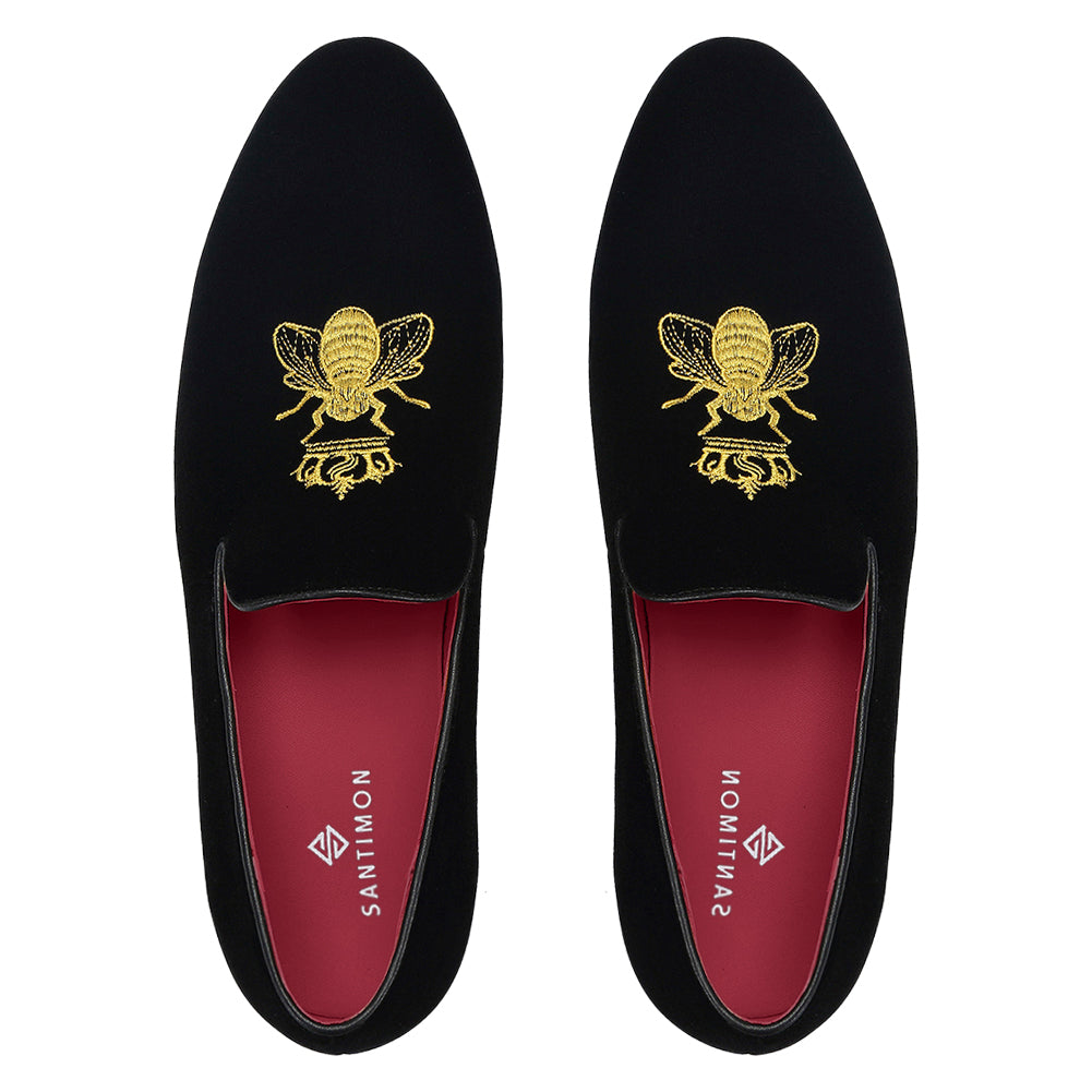 Men's Velvet Loafers Casual Gold Embroidery