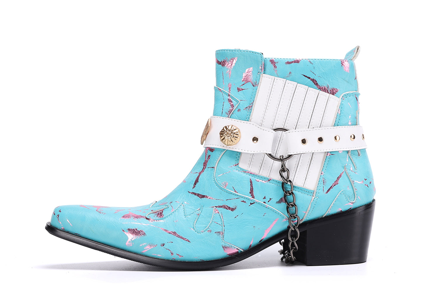 Botas occidentales de cuero con cadena y cinturón con hebilla para hombre