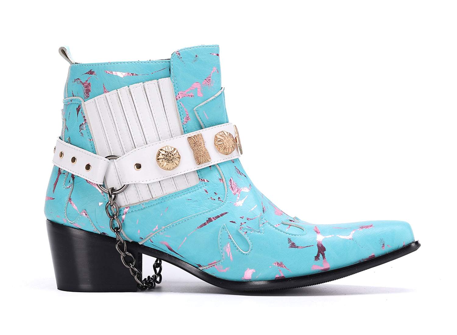 Botas occidentales de cuero con cadena y cinturón con hebilla para hombre