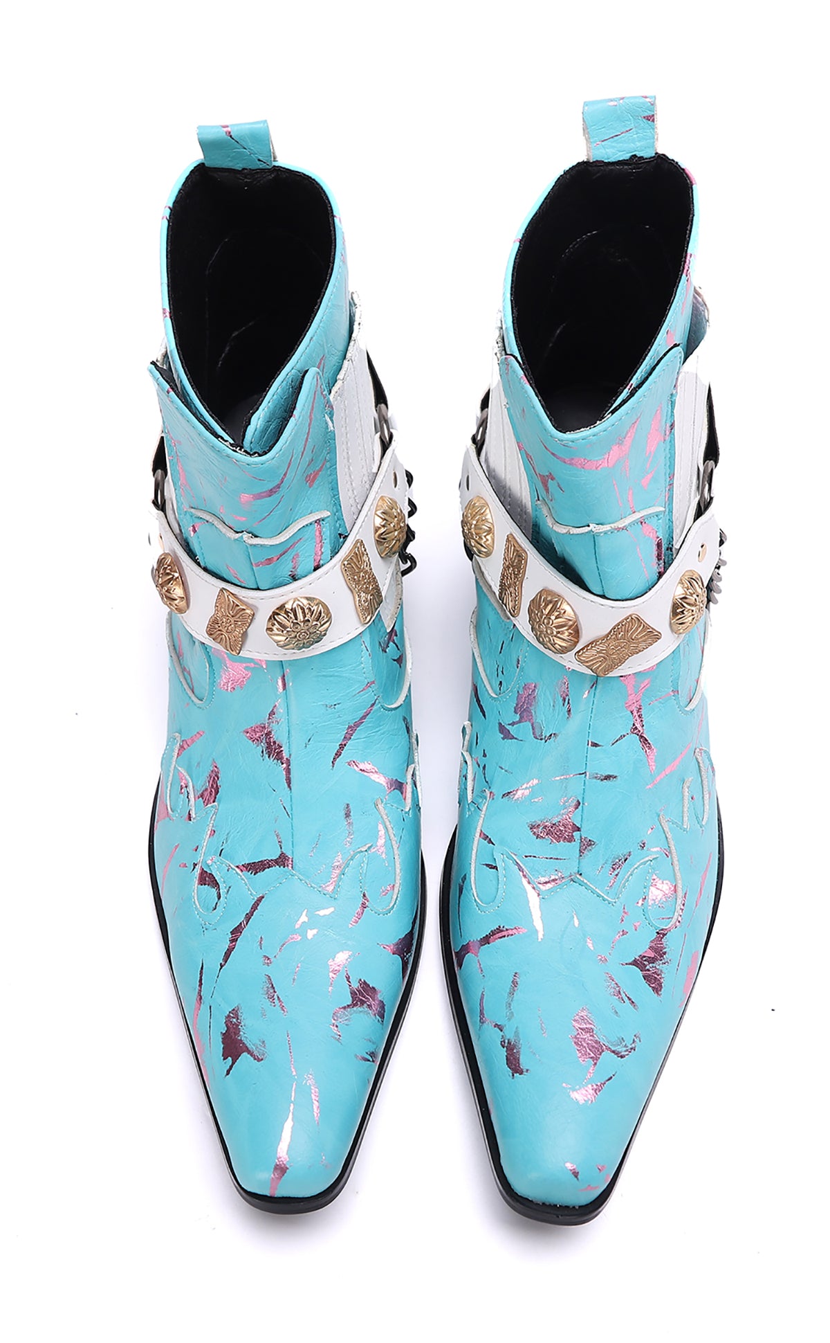 Botas occidentales de cuero con cadena y cinturón con hebilla para hombre