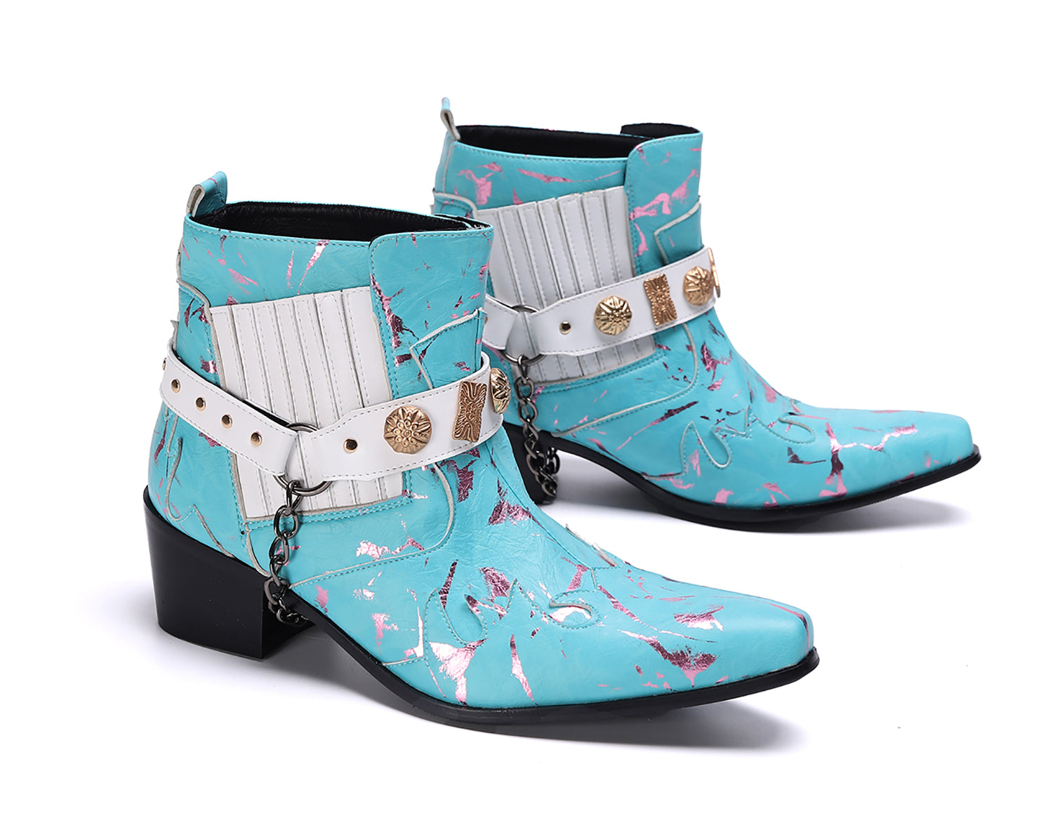 Botas occidentales de cuero con cadena y cinturón con hebilla para hombre