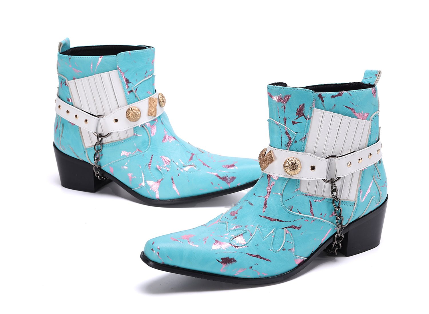 Botas occidentales de cuero con cadena y cinturón con hebilla para hombre