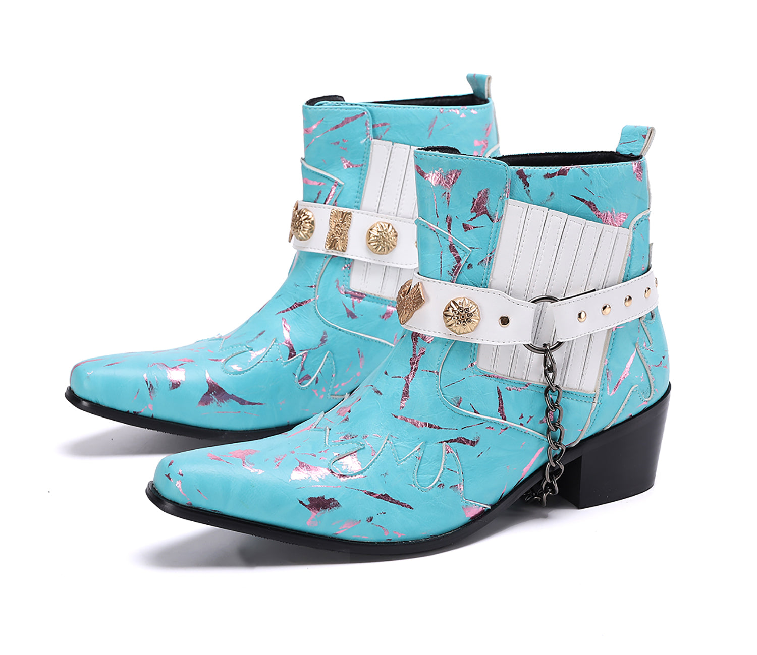 Botas occidentales de cuero con cadena y cinturón con hebilla para hombre