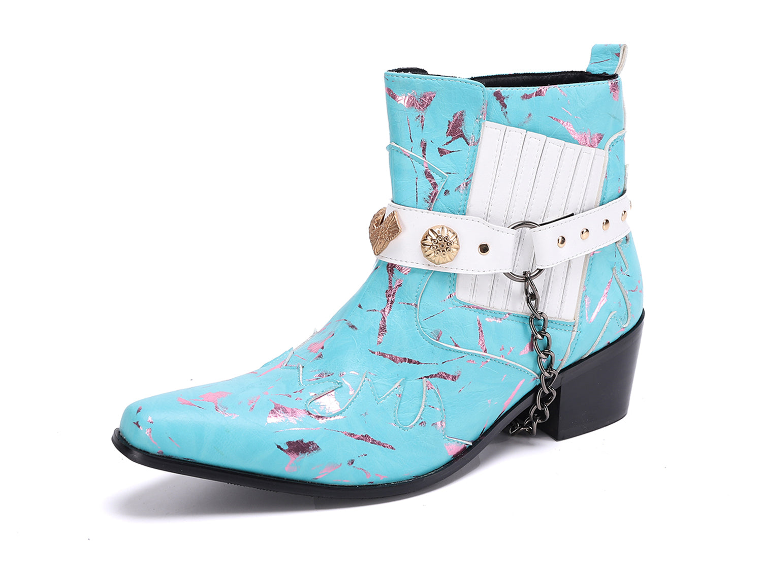 Botas occidentales de cuero con cadena y cinturón con hebilla para hombre