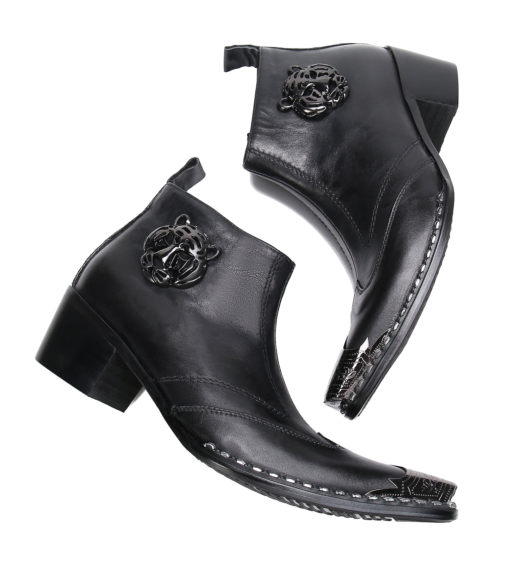 Men's Leather Squae Metal Tip Western Boots