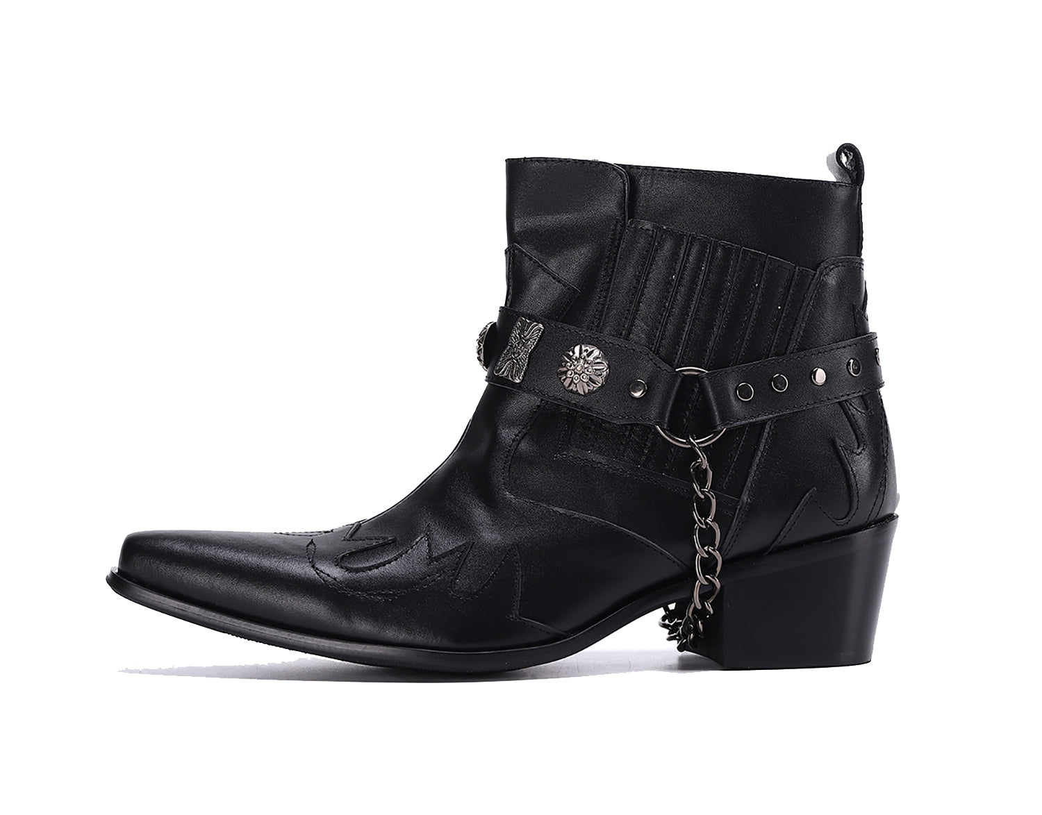 Botas occidentales para hombre con punta en punta y hebilla con cadena para cinturón