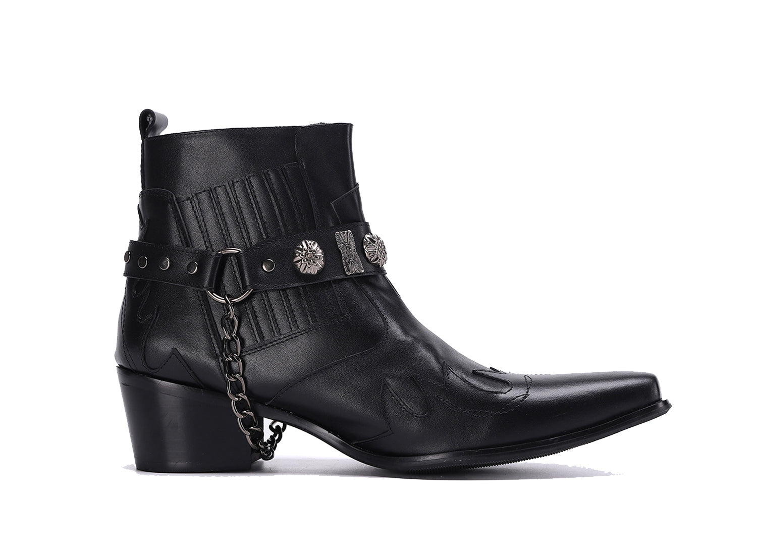 Botas occidentales para hombre con punta en punta y hebilla con cadena para cinturón