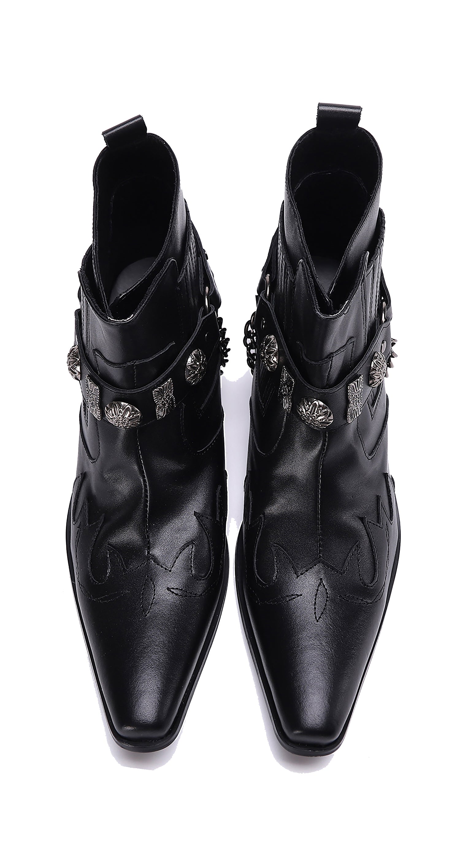 Botas occidentales para hombre con punta en punta y hebilla con cadena para cinturón