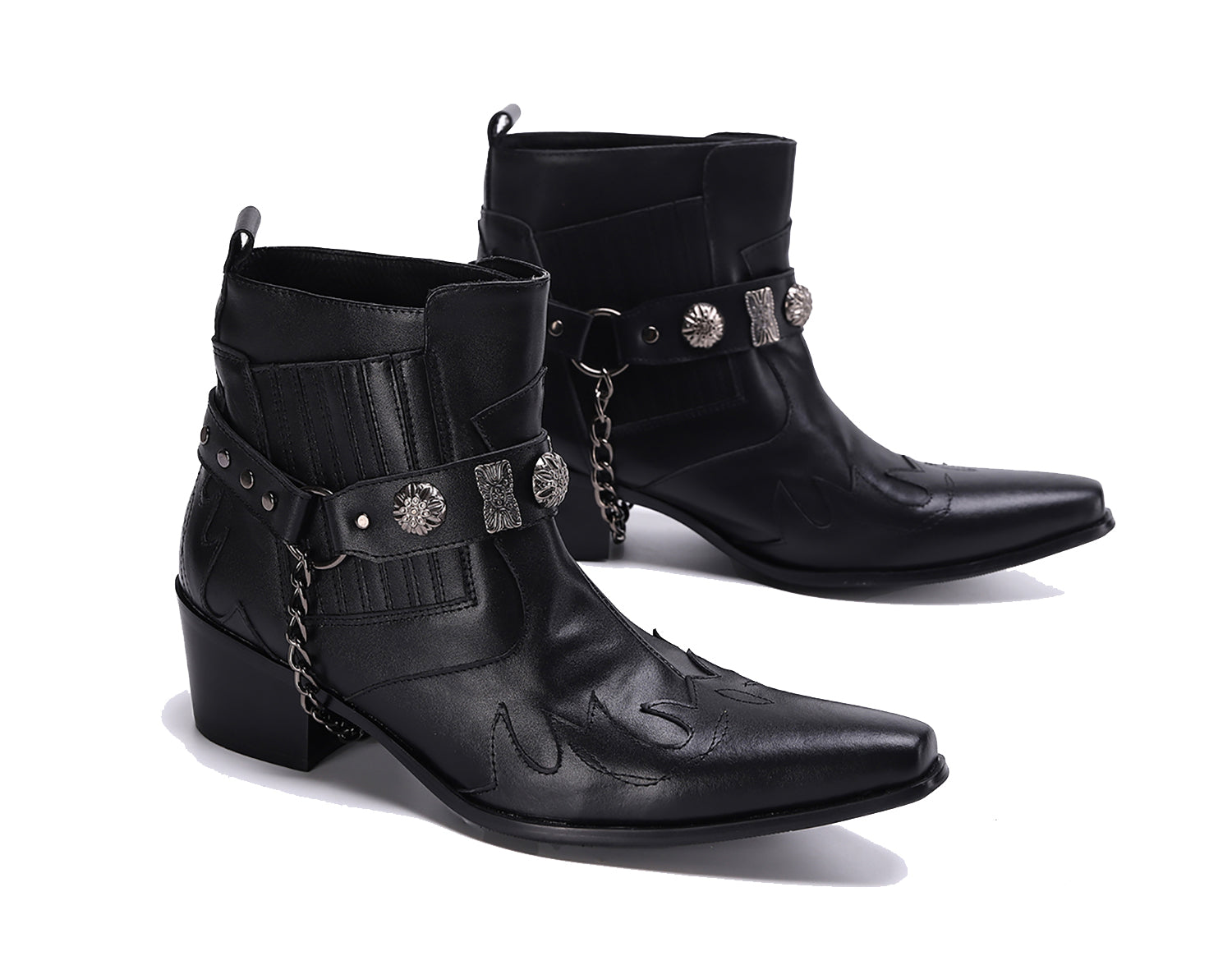 Botas occidentales para hombre con punta en punta y hebilla con cadena para cinturón