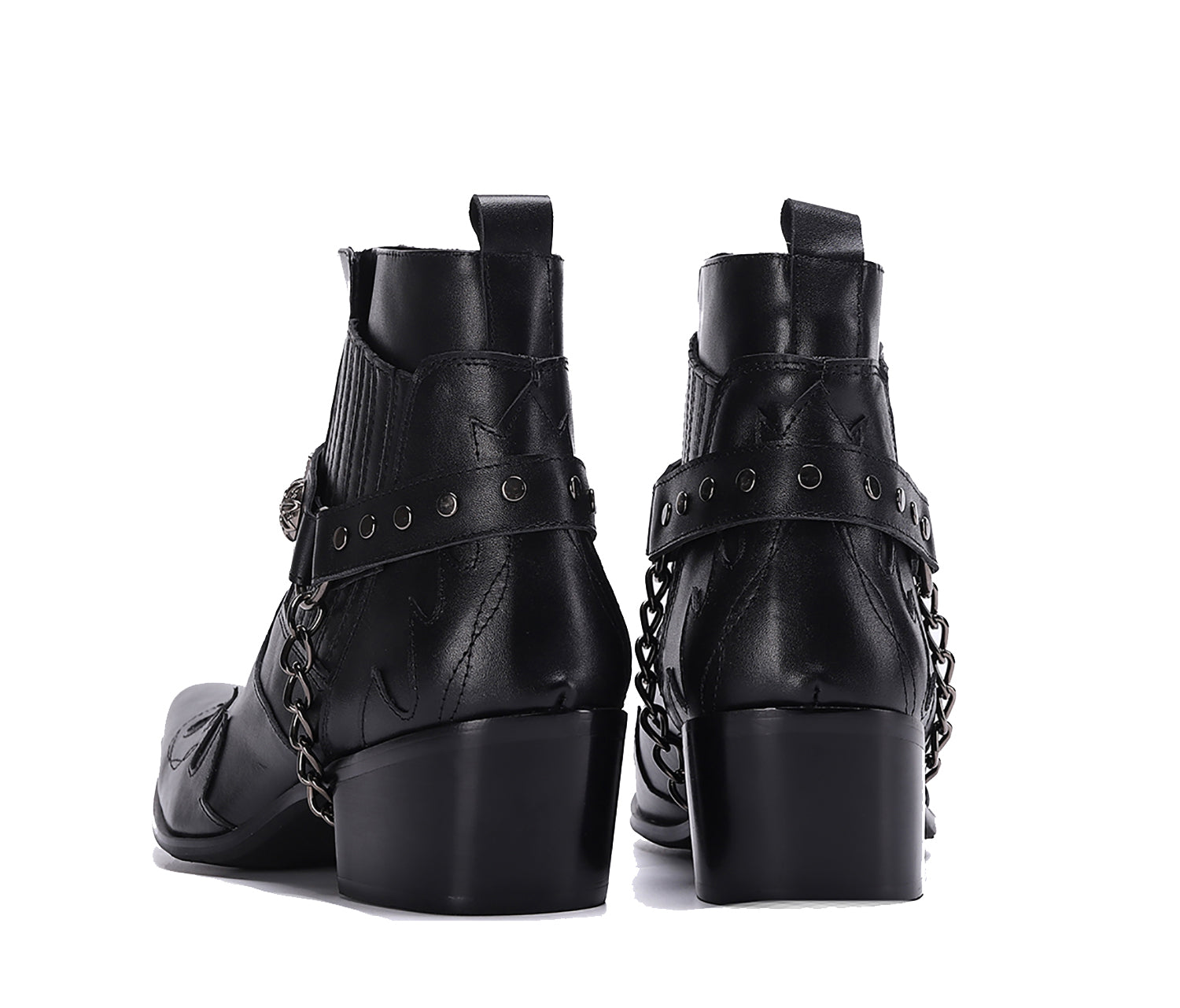 Botas occidentales para hombre con punta en punta y hebilla con cadena para cinturón