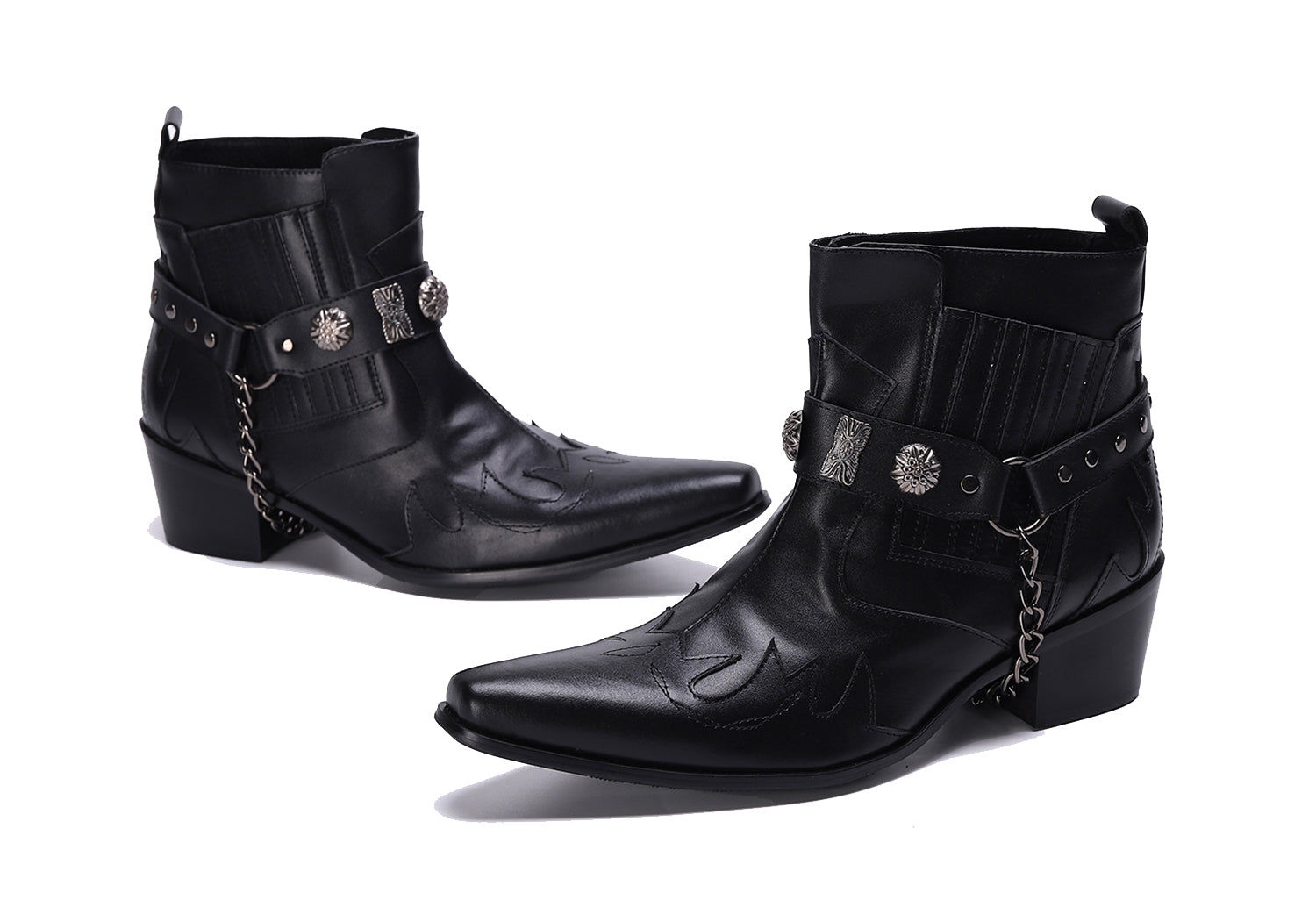 Botas occidentales para hombre con punta en punta y hebilla con cadena para cinturón