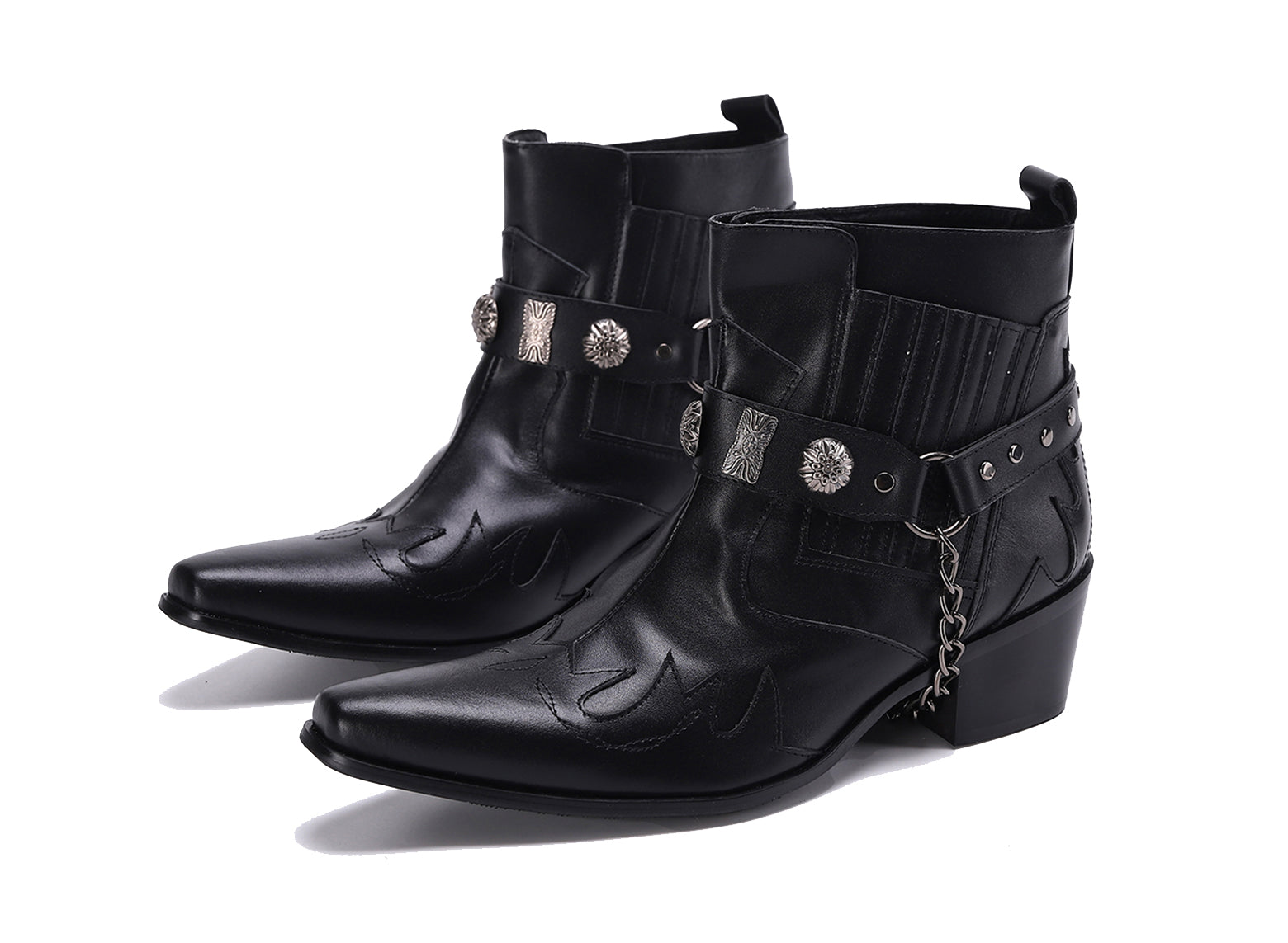 Botas occidentales para hombre con punta en punta y hebilla con cadena para cinturón