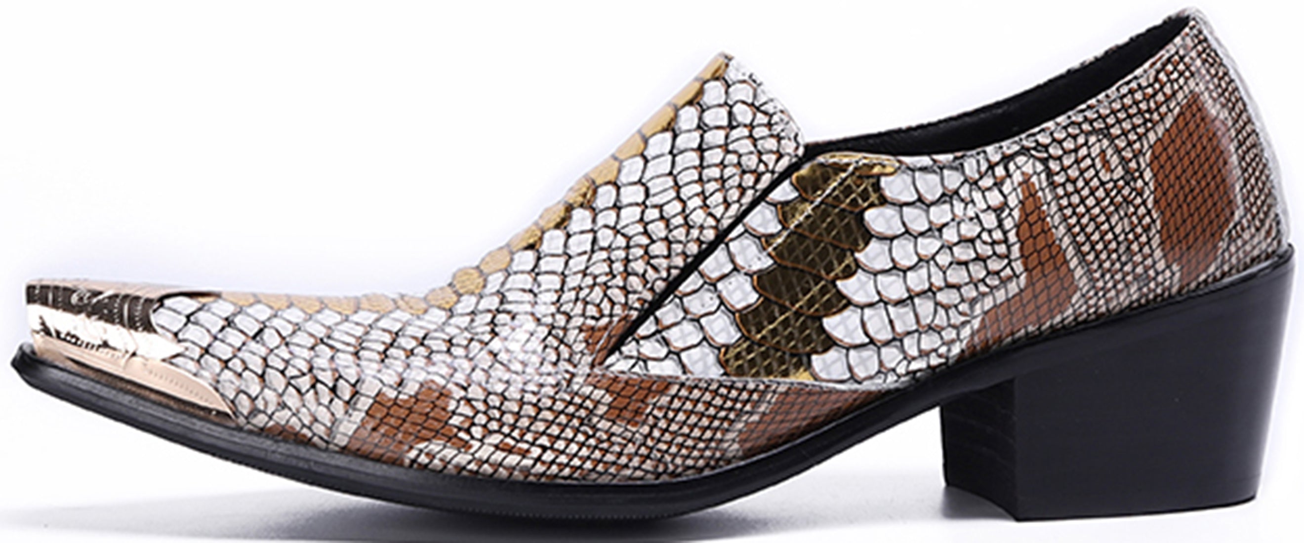 Mocasines occidentales de piel de serpiente con punta de metal para hombre
