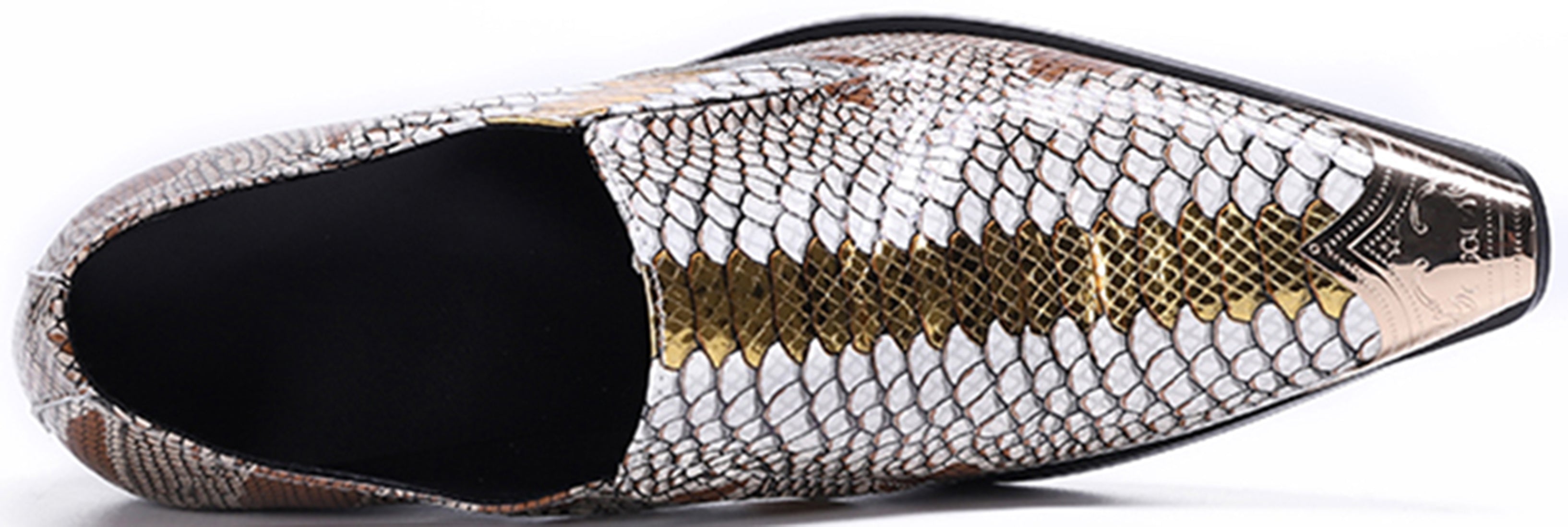 Mocasines occidentales de piel de serpiente con punta de metal para hombre