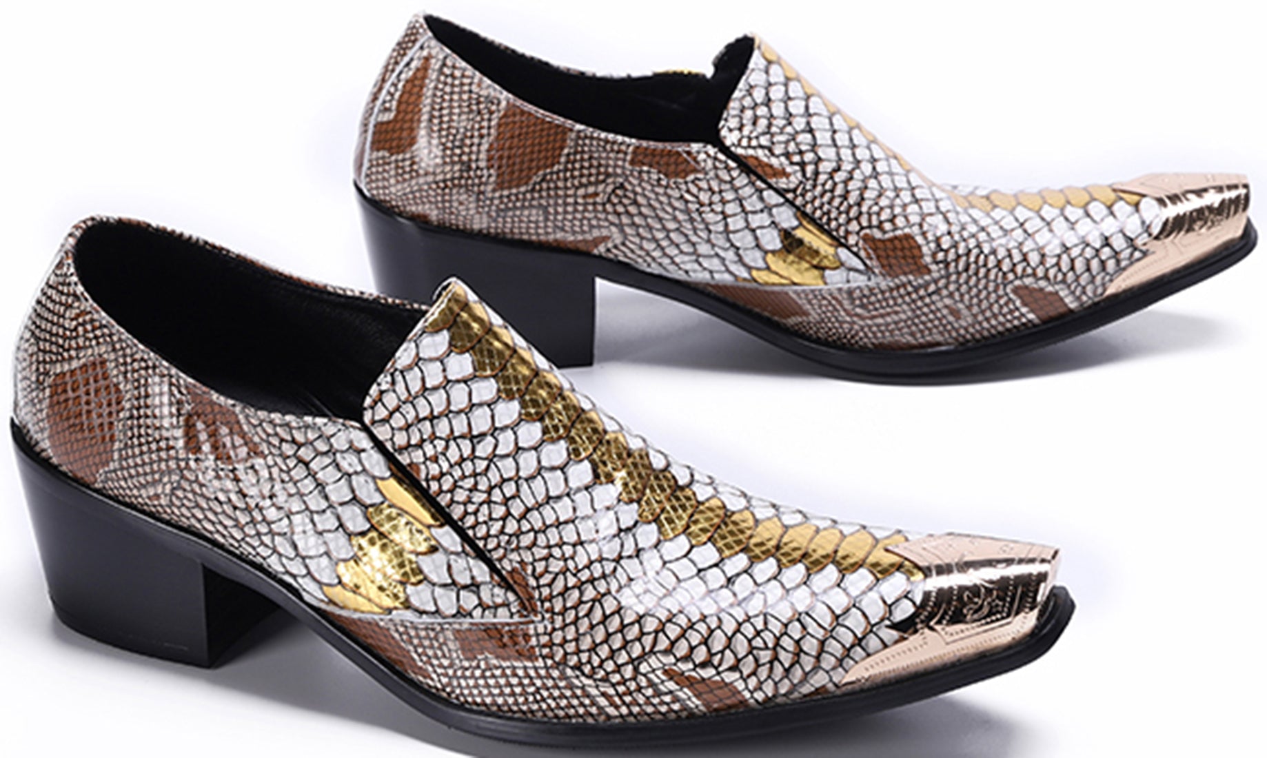 Mocasines occidentales de piel de serpiente con punta de metal para hombre