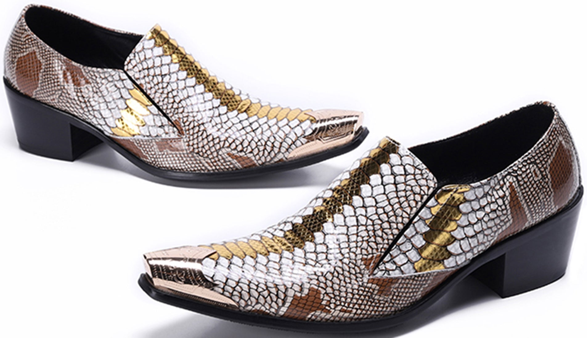 Mocasines occidentales de piel de serpiente con punta de metal para hombre