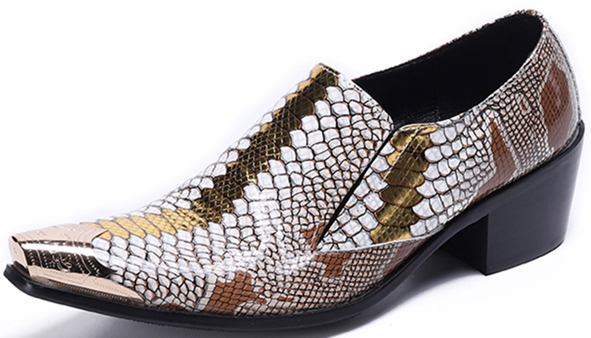 Mocasines occidentales de piel de serpiente con punta de metal para hombre