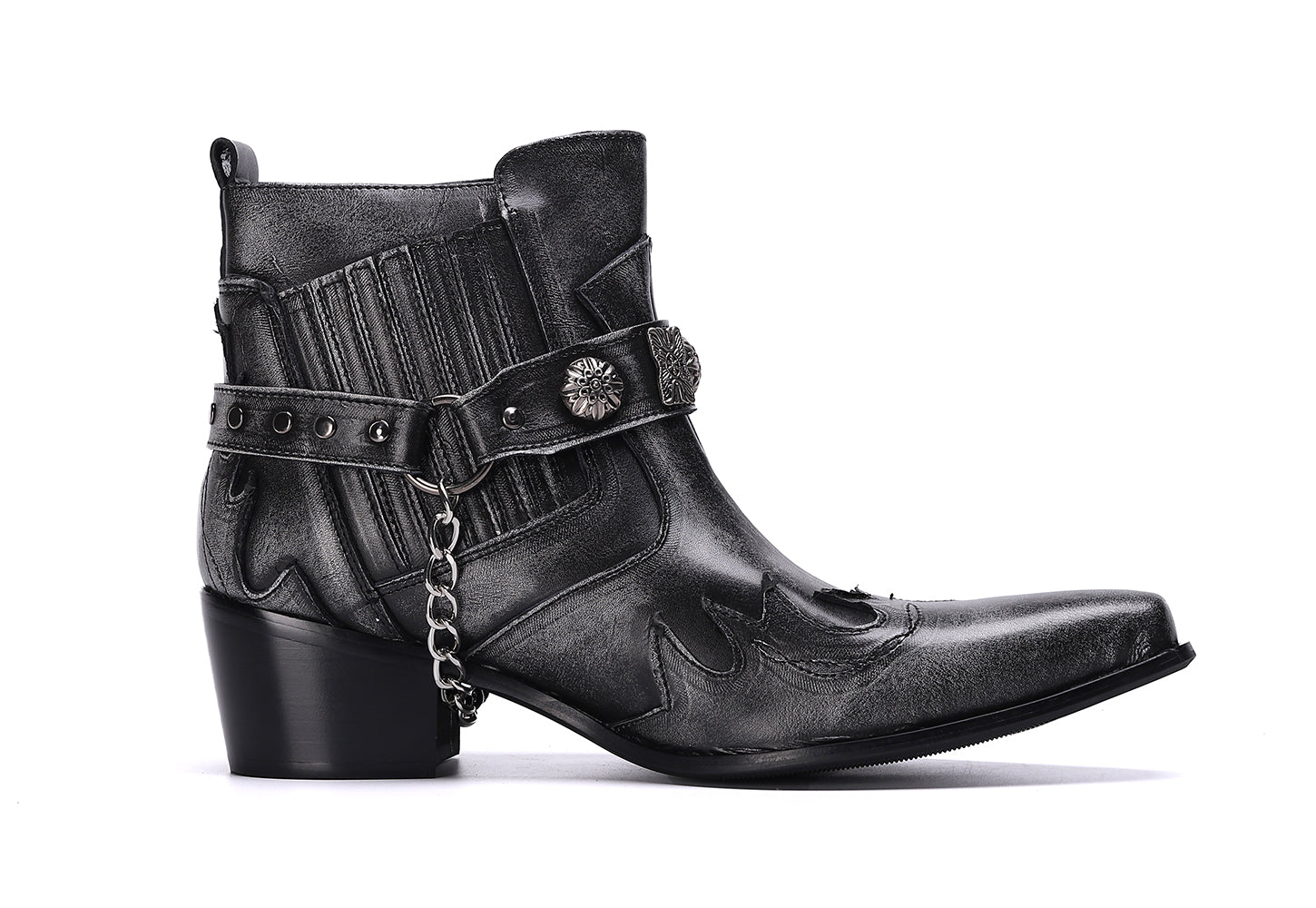 Botas occidentales para hombre con punta en punta y hebilla con cadena para cinturón