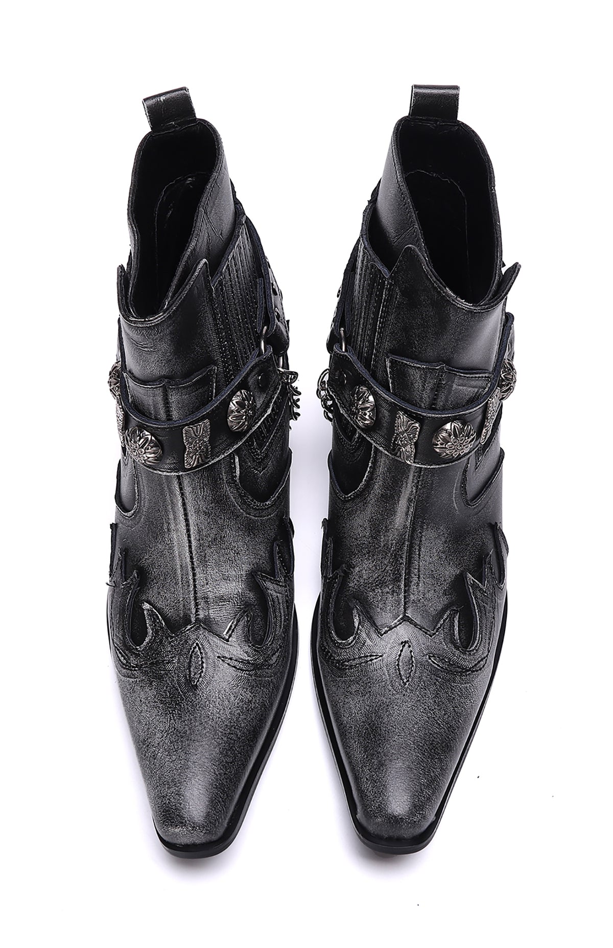Botas occidentales para hombre con punta en punta y hebilla con cadena para cinturón