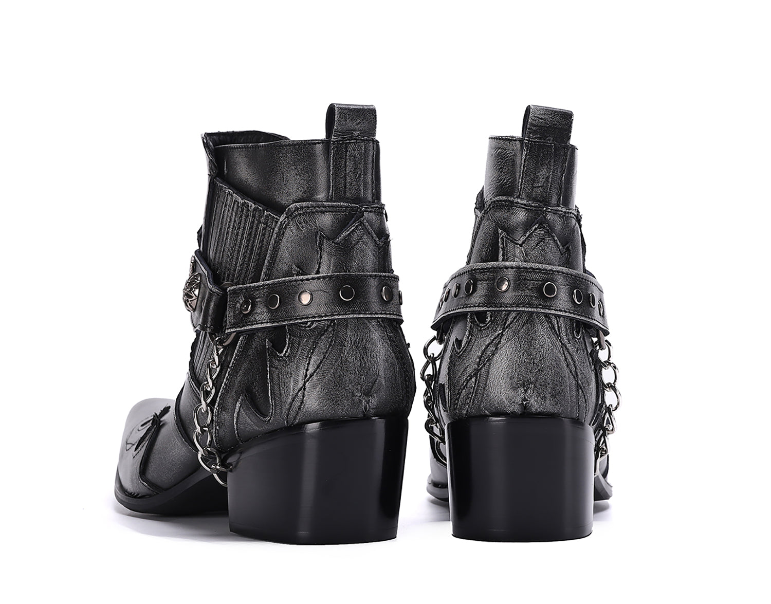 Botas occidentales para hombre con punta en punta y hebilla con cadena para cinturón