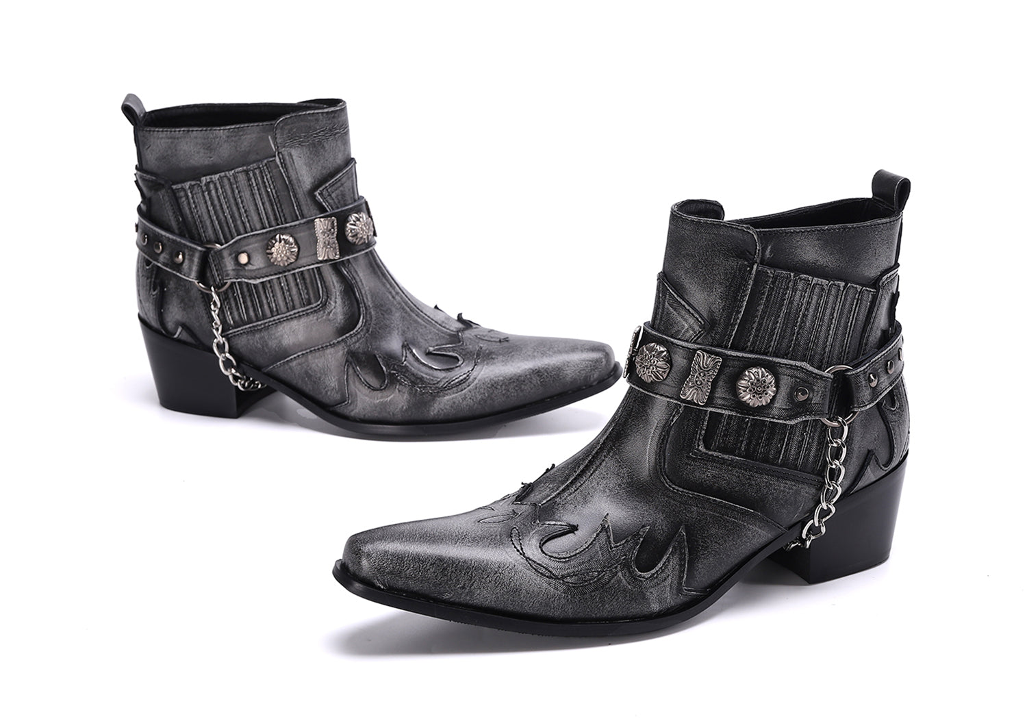 Botas occidentales para hombre con punta en punta y hebilla con cadena para cinturón