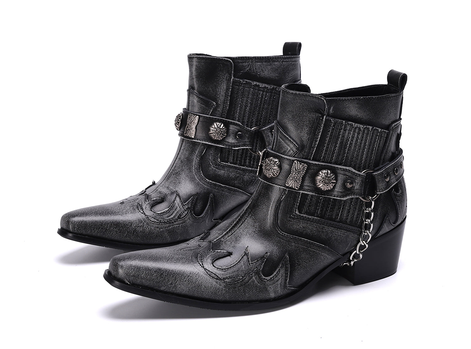 Botas occidentales para hombre con punta en punta y hebilla con cadena para cinturón