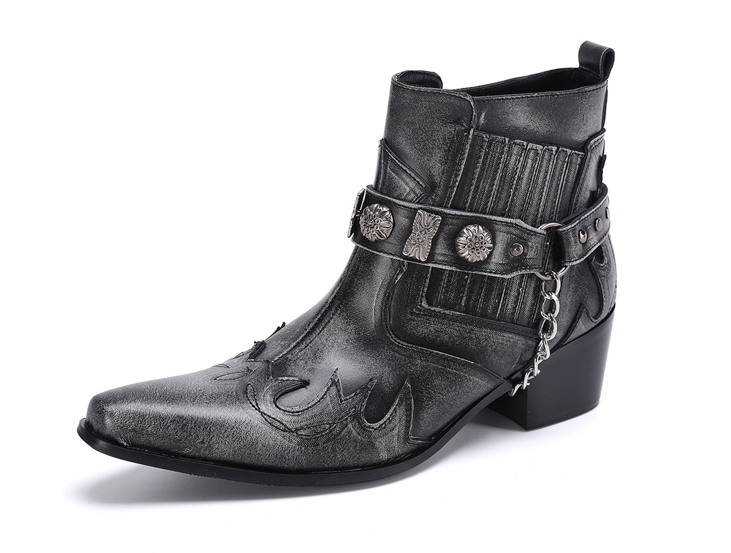 Botas occidentales para hombre con punta en punta y hebilla con cadena para cinturón