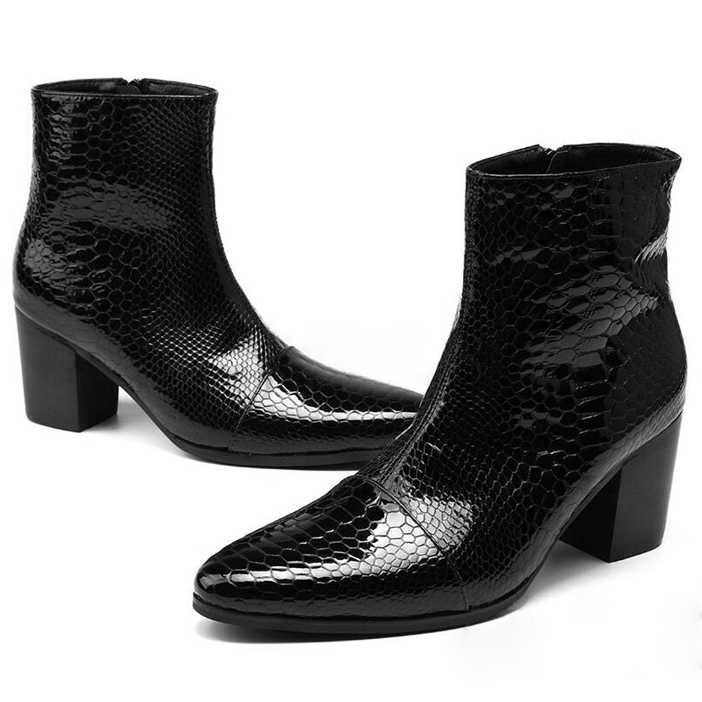 Men's Zipper Patent Leather Plaid Western Boots
