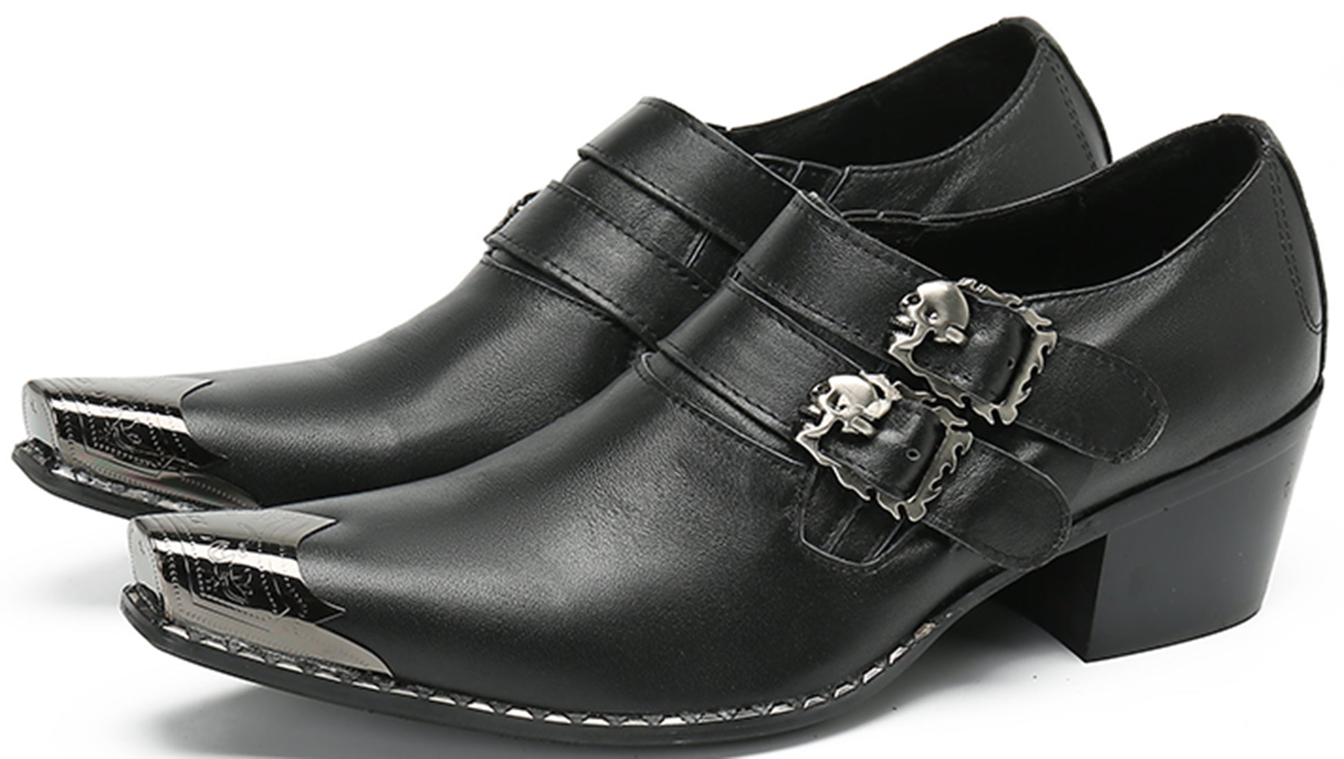 Mocasines estilo western con doble hebilla y punta de metal para hombre
