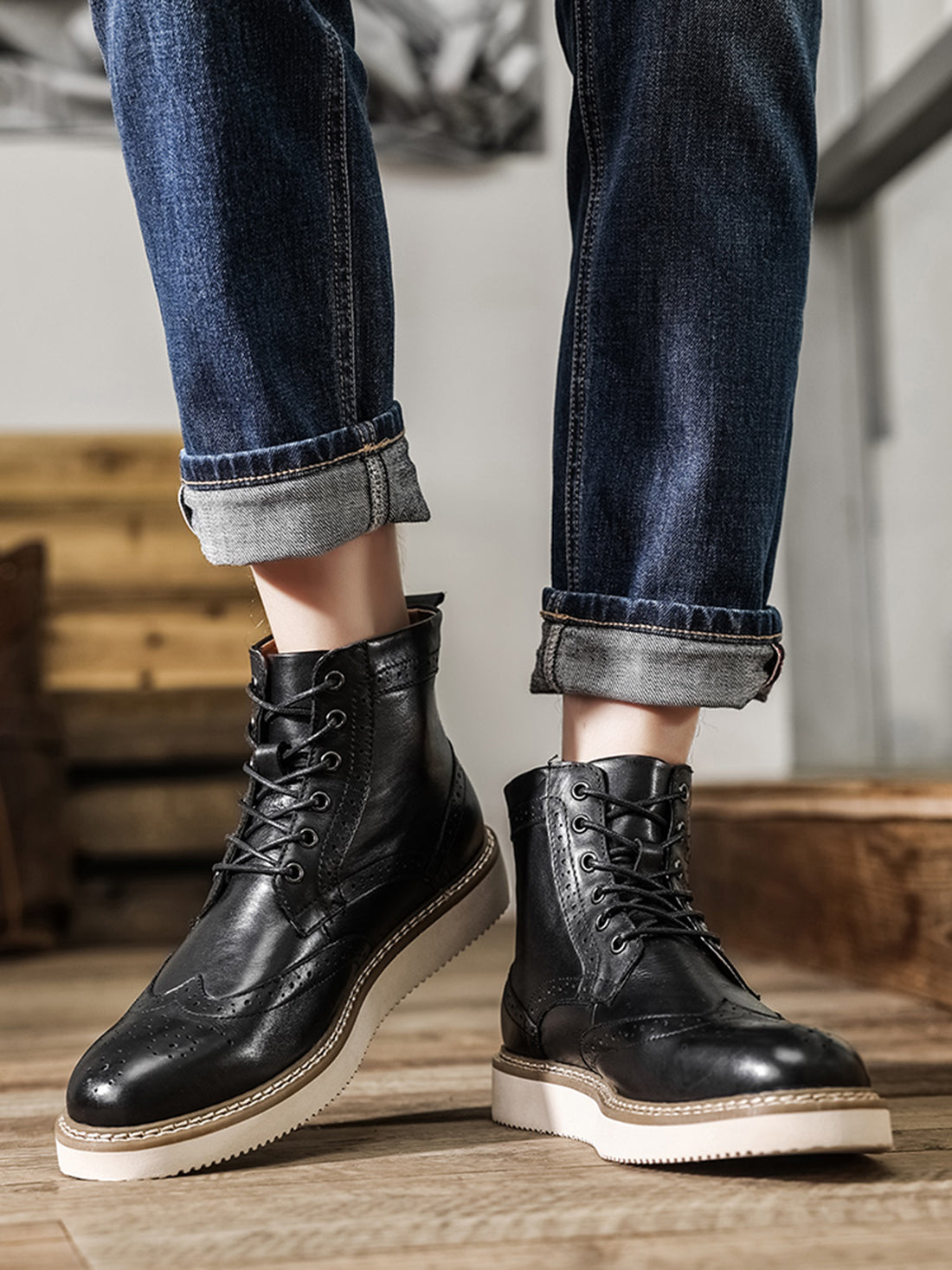 Botas de vestir con punta de ala para hombre con suela de espuma