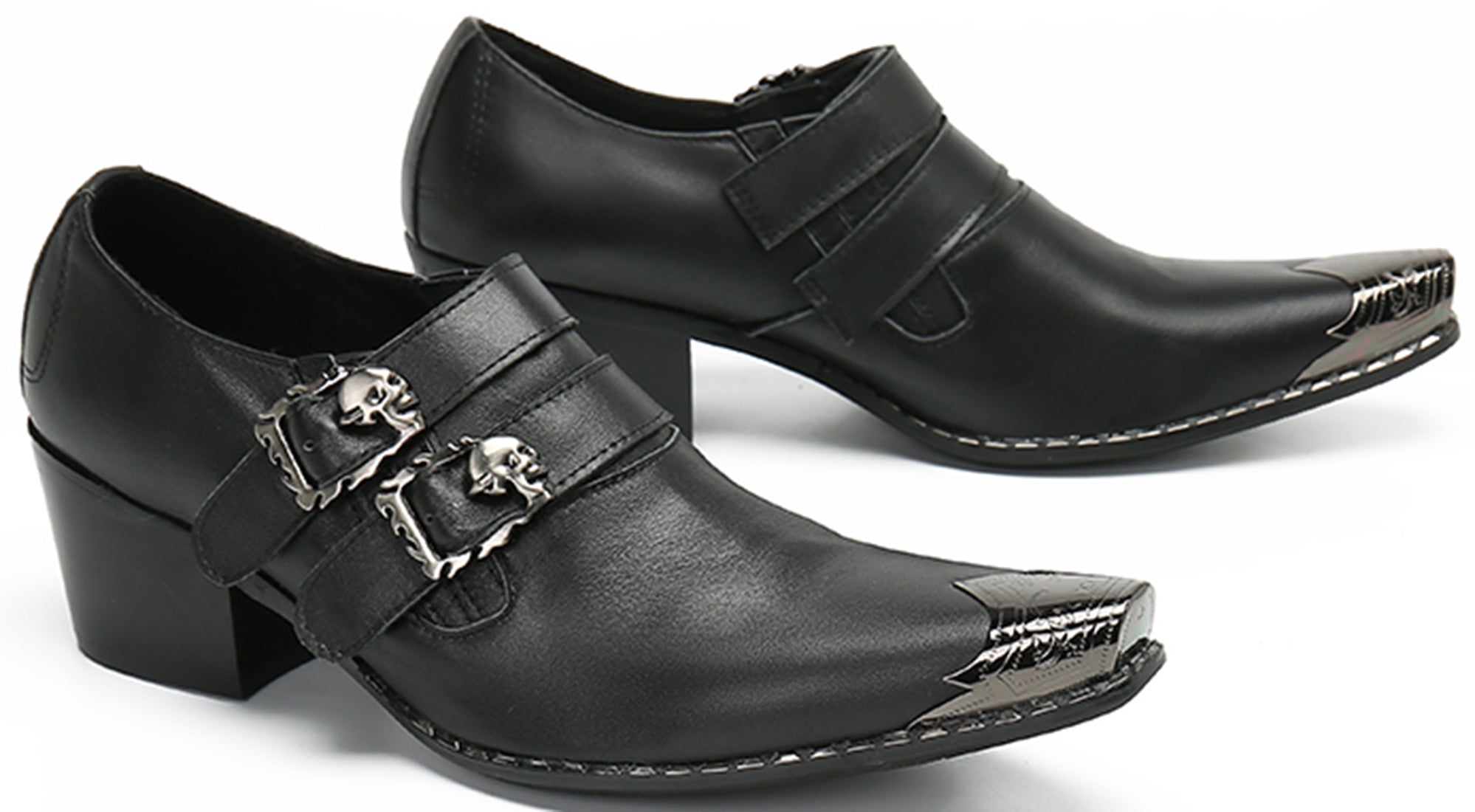 Mocasines estilo western con doble hebilla y punta de metal para hombre
