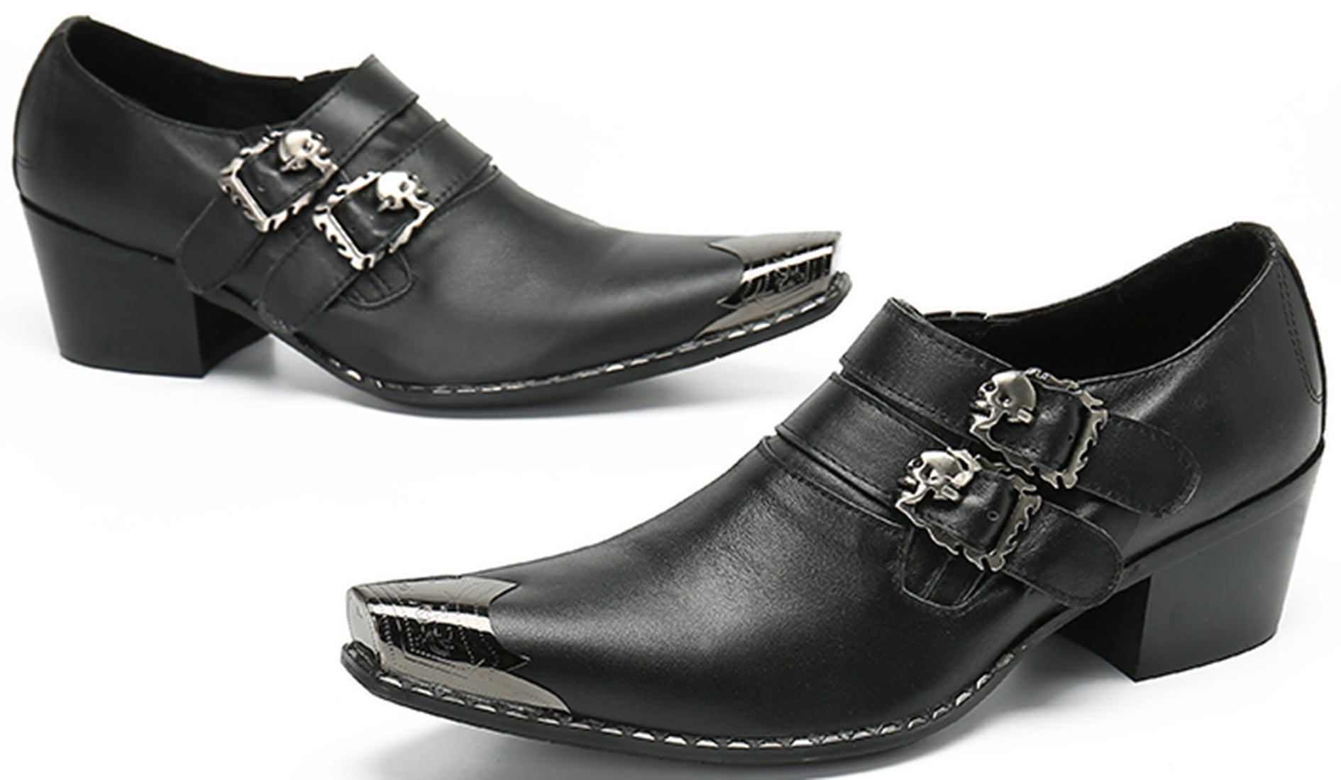 Mocasines estilo western con doble hebilla y punta de metal para hombre