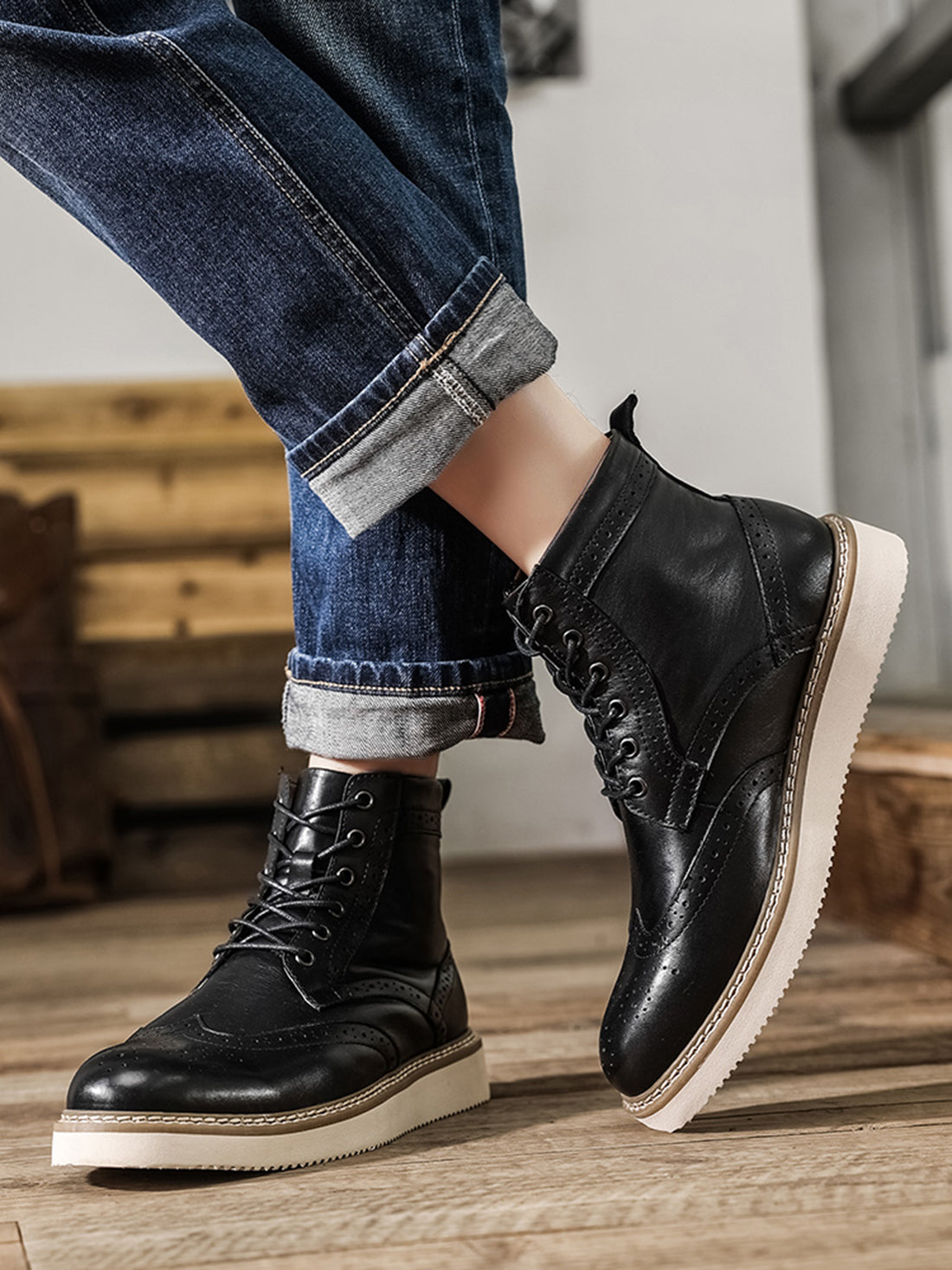 Botas de vestir con punta de ala para hombre con suela de espuma