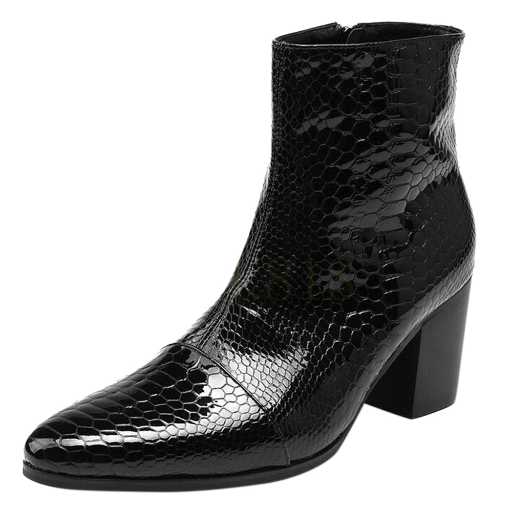 Men's Zipper Patent Leather Plaid Western Boots