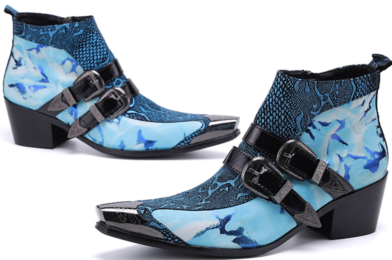 Botas vaqueras con doble hebilla y punta de metal para hombre 