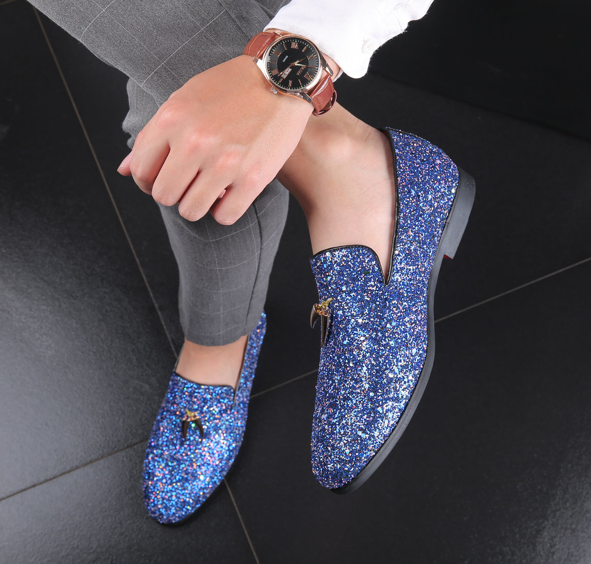 Mocasines Smoking con purpurina de hombre de color metálico 