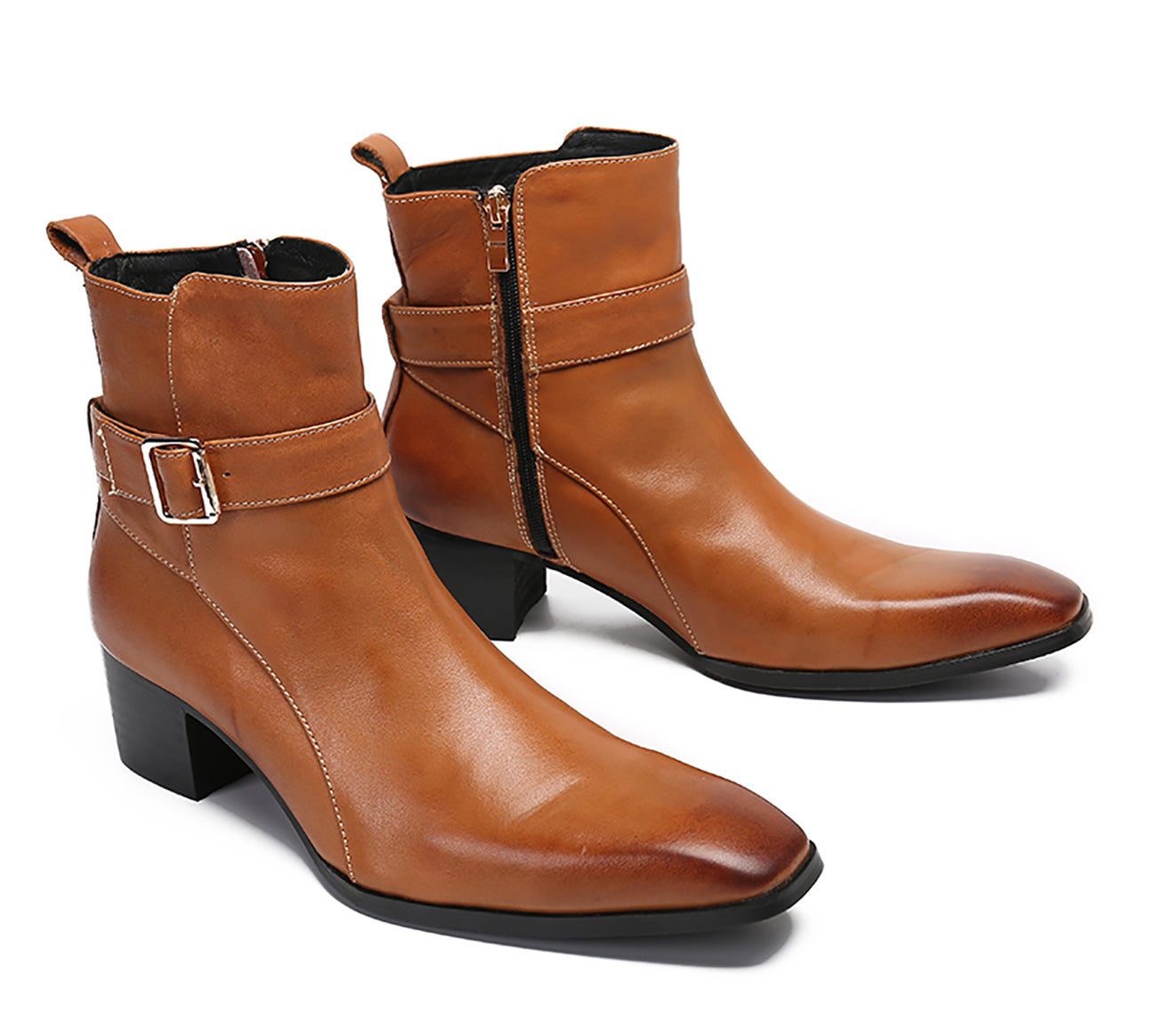 Botas vaqueras con hebilla para hombre Cremallera con punta lisa