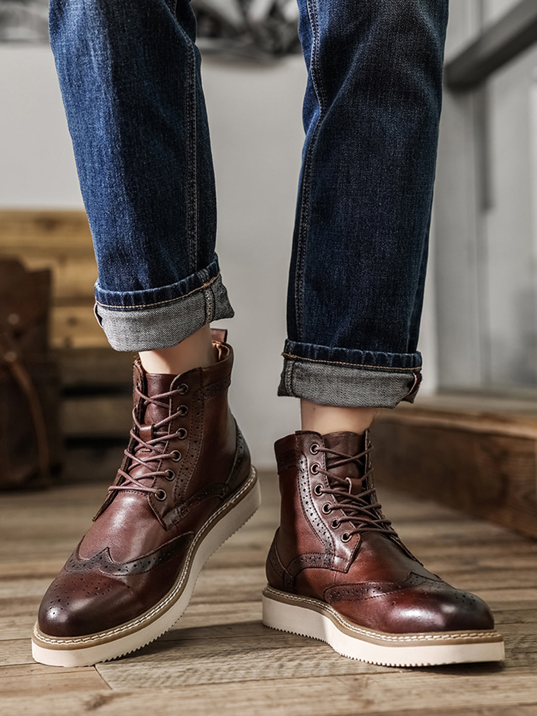 Botas de vestir con punta de ala para hombre con suela de espuma
