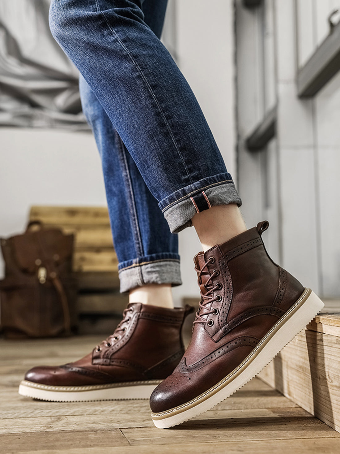 Botas de vestir con punta de ala para hombre con suela de espuma