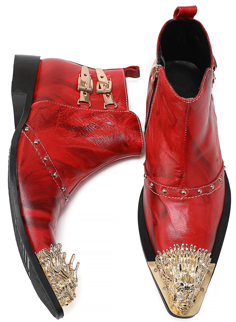 Botas vaqueras con punta de metal y león con cremallera para hombre 